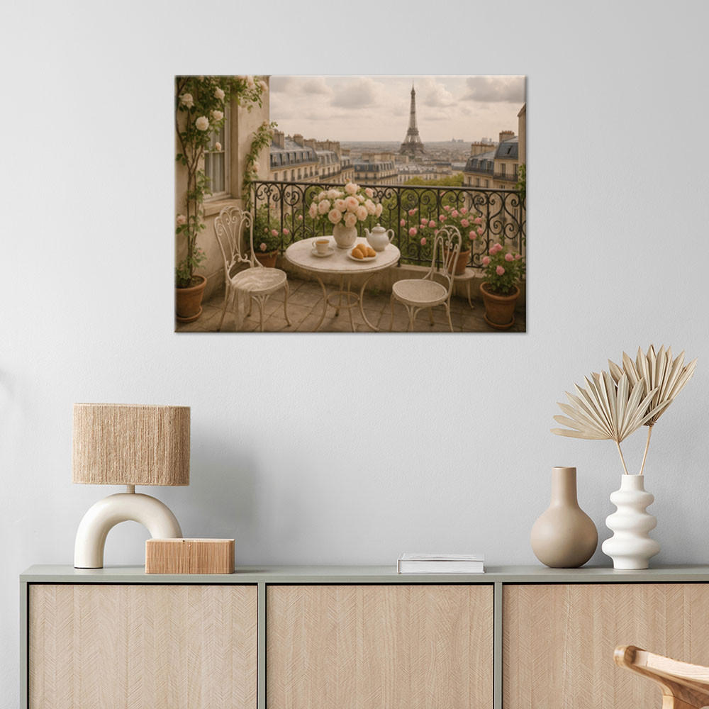 LEINWANDBILD Paris Terrasse Blick auf den Eiffelturm 120x80cm - Beige, Textil (120/80cm) - Feeby