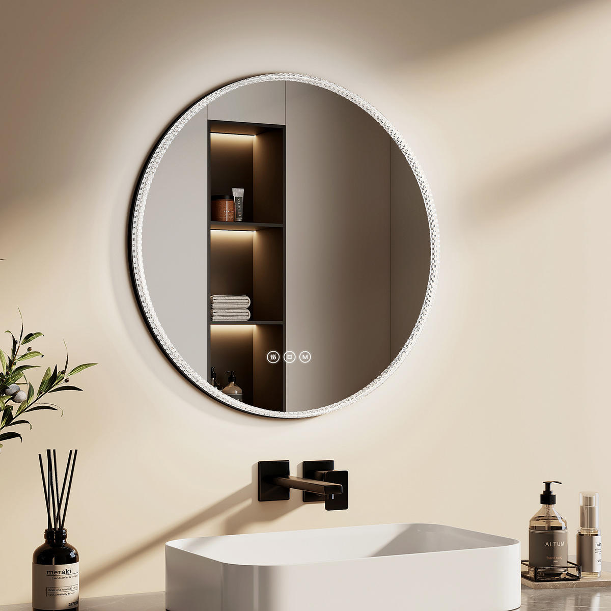 BADSPIEGEL Runder mit Beleuchtung Schwarz ф60 cm - Schwarz, Glas (60/4.3/60cm) - EMKE