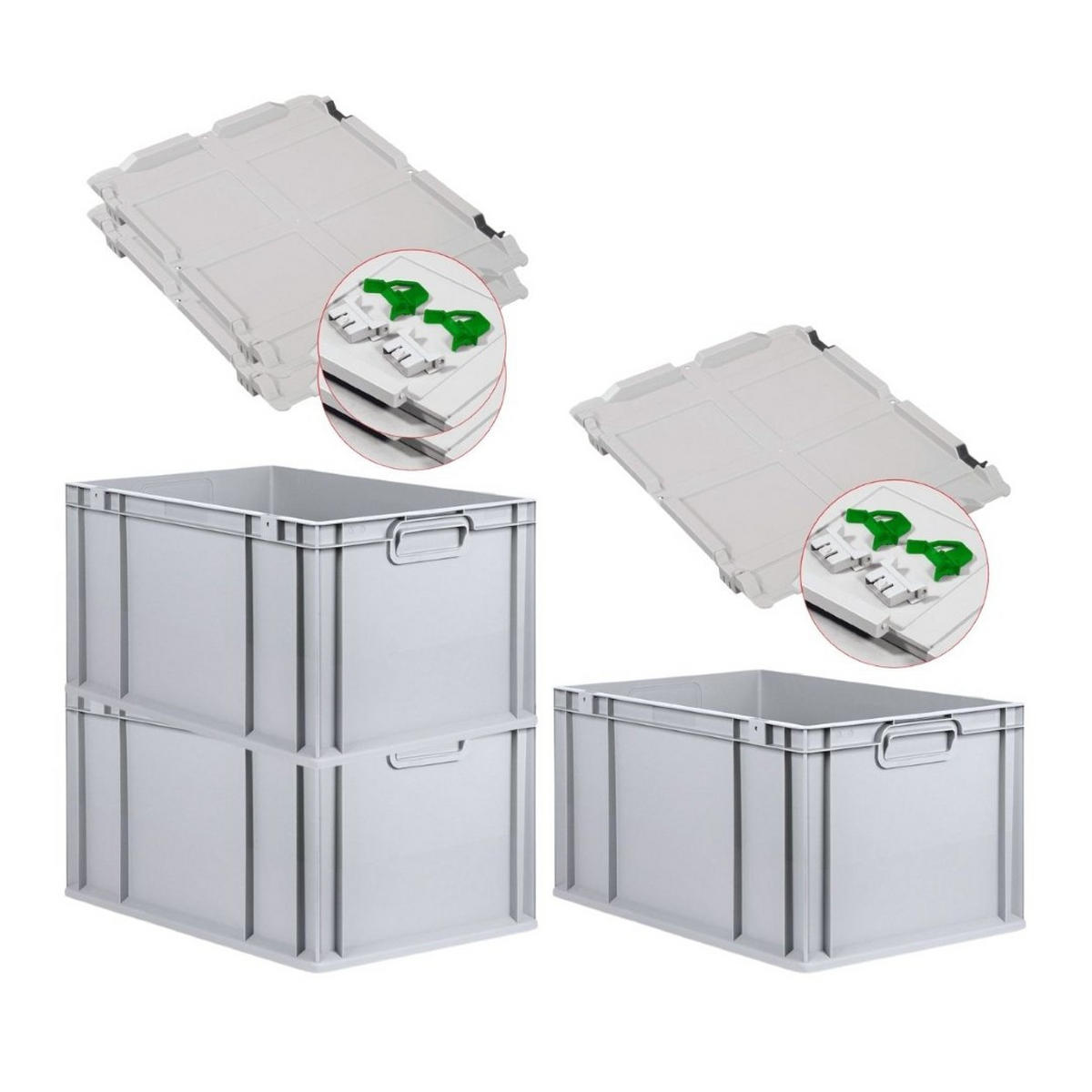 EUROBOX 3x Nextgen Economy Mit Scharnierdeckel Grau/GrünGriffe Geschlossen 65 Liter - Grün, Kunststoff (40/32/60cm) - PROREGAL
