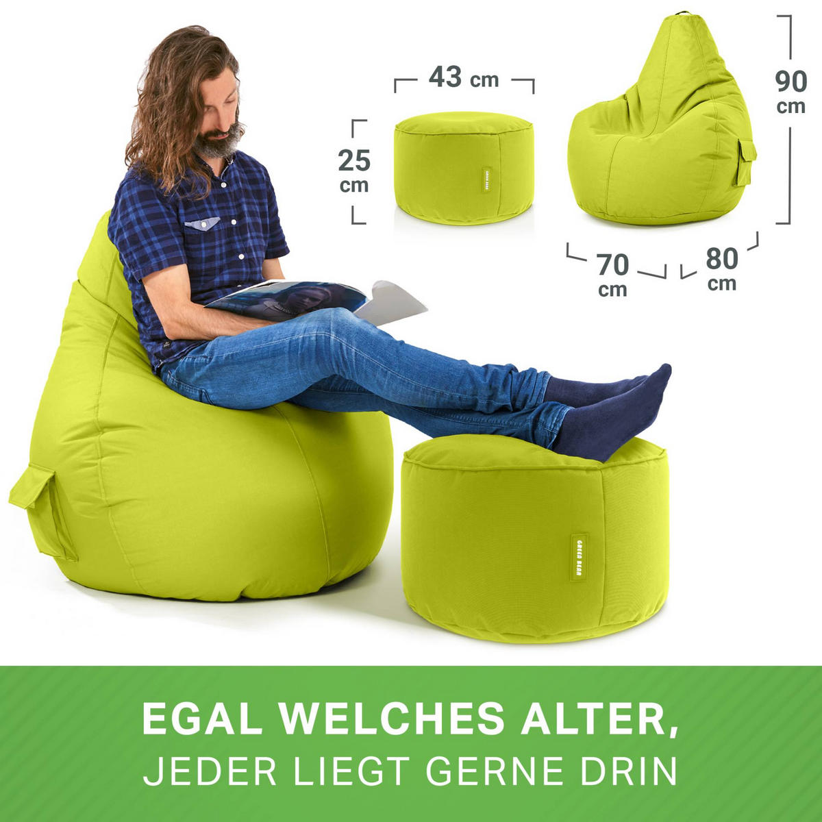 SITZSACK + Hocker "Cozy+Stay" 2er Set - Hellgrün, Textil (70/90/80cm) - Green Bean