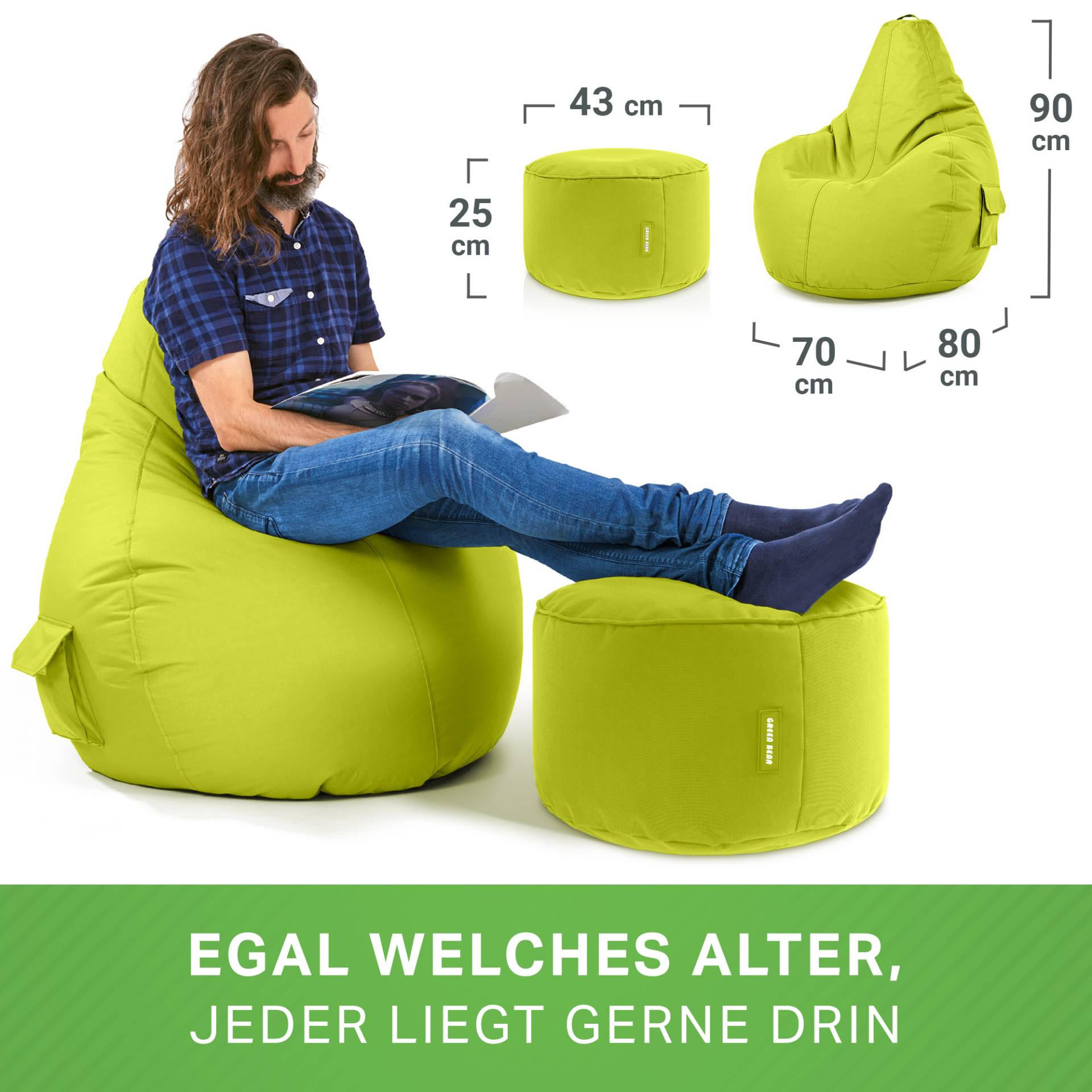 Thumbnail - Green Bean Sitzsack, Hellgrün, Textil, Füllung: Styroporkugeln, Oval, 70x90x80 cm, Hergestellt in Deutschland, Wohnzimme...