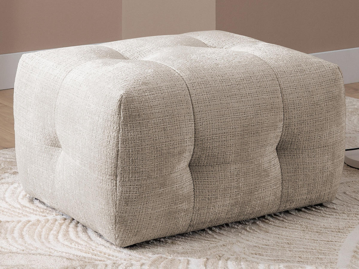 ECKSOFA inkl. Hocker Kozy im Bumpy-Design mit Schlaffunktion und fester Rückenlehne aus weichem Dunkelbeige Chenille-Stoff - Ottomane rechts - Beige/Schwarz, Holz/Kunststoff (234/161cm) - S-Style Möbel