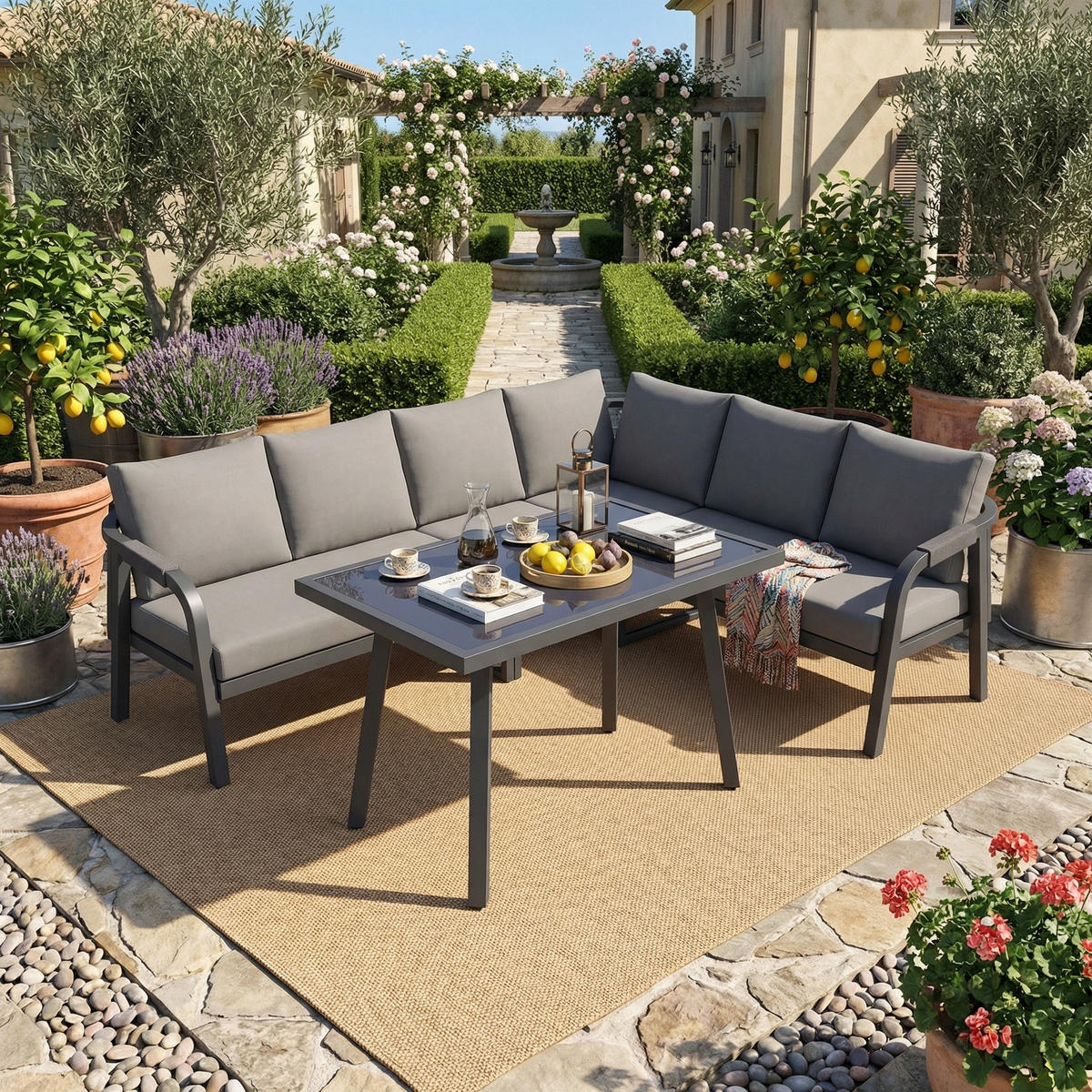 GARTEN-ESSGRUPPE 6 Personen Ecksofa Esstisch Stahl Grau - Grau, Textil - FLIEKS