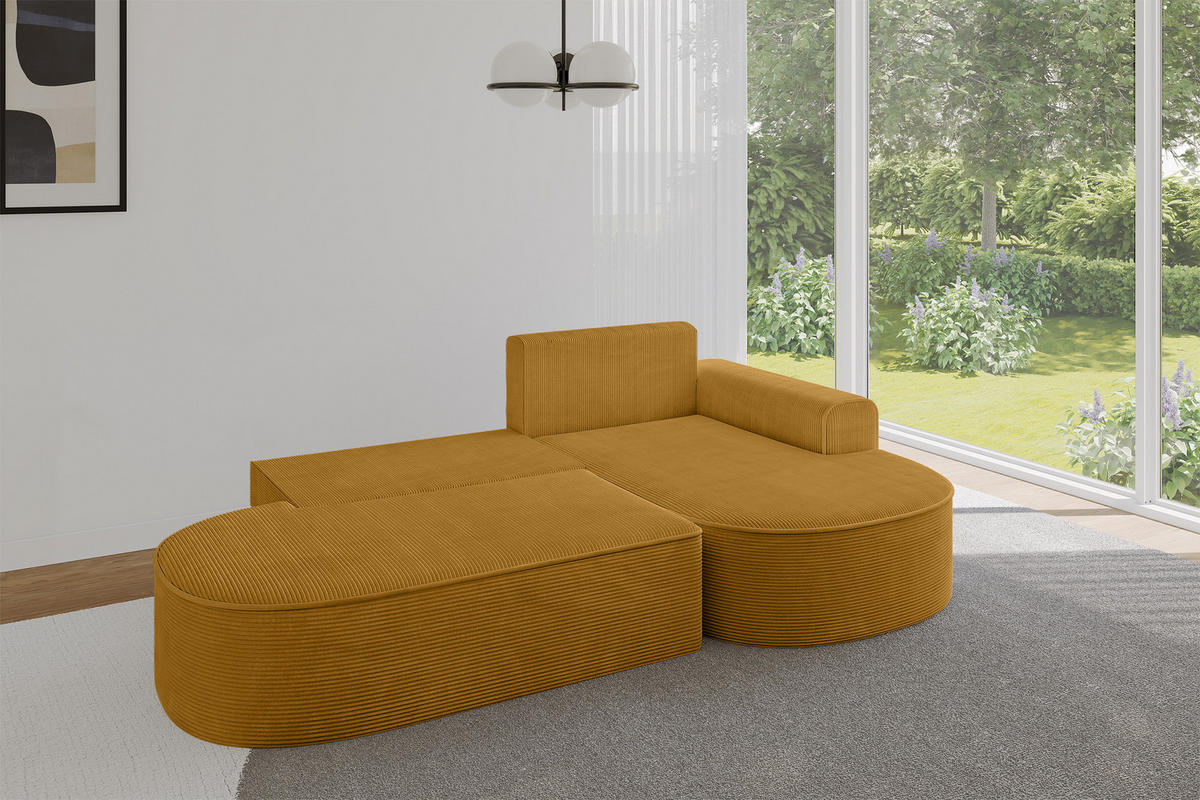 ECKSOFA mit Schlaffunktion und Bettkasten Ottomane Rechts MARI-L1-S - 283x167x85 cm Senfgelb Cord - Gelb/Schwarz, Holzwerkstoff/Kunststoff (167/283cm) - ALTDECOR