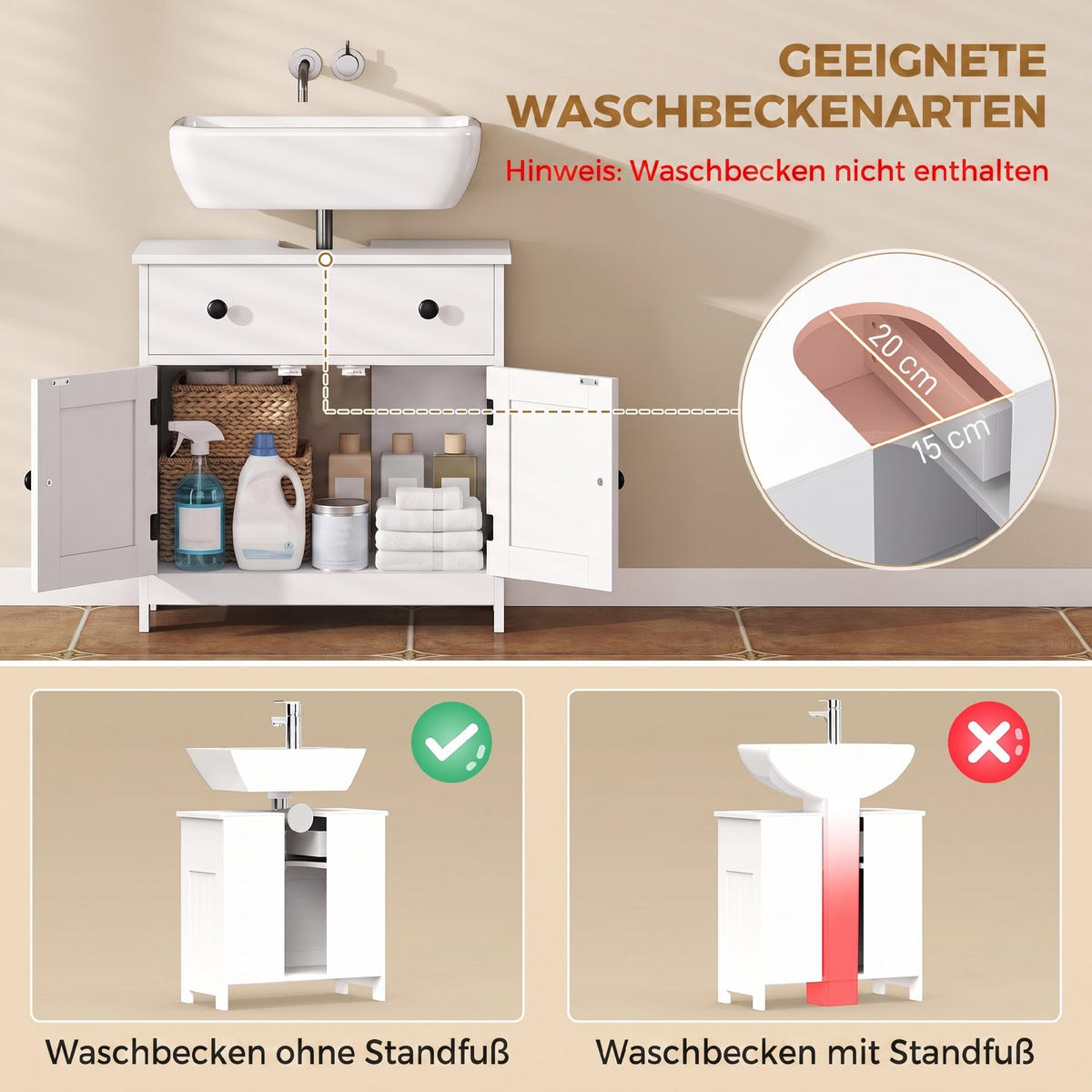TVÄTTSTÄLLSUNDERSKÅP i MDF, vit - Vit, Träbaserade material/Metall (30/60/60cm) - HOMCOM