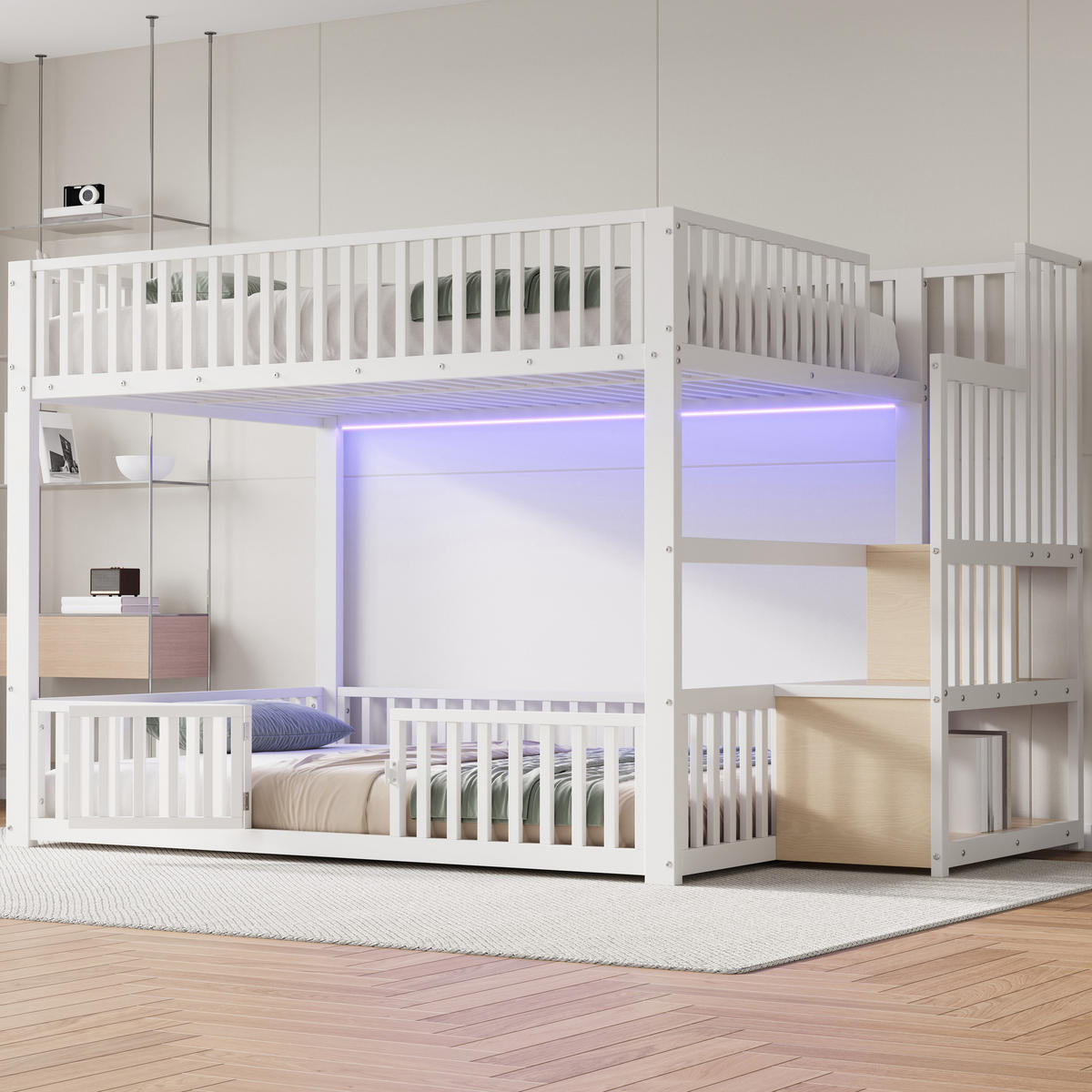 ETAGENBETT 140/200 cm Weiß mit Stauraumleiter und LED - Weiß, Metall (140/200cm) - Oxeza