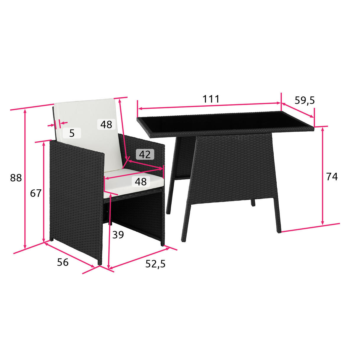 RATTAN SITZGRUPPE Lausanne,zusammenschiebbar,schwarz - Schwarz, Kunststoff - tectake