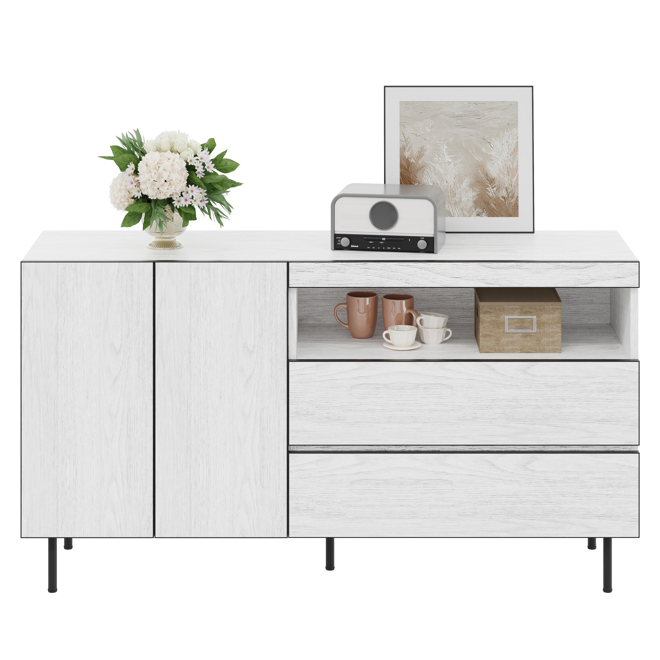 SIDEBOARD 2 Türen 2 Schubladen Offene Regale Multifunktional - Weiß, Holzwerkstoff (42/77/140cm) - FLIEKS