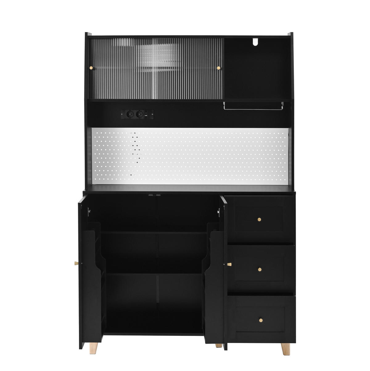 KÜCHENOBERSCHRANK 120/40/184 cm in Schwarz mit Schubladen, Steckdosen und Fluted Glas - Schwarz, Holzwerkstoff (120/184/40cm) - BEAOK