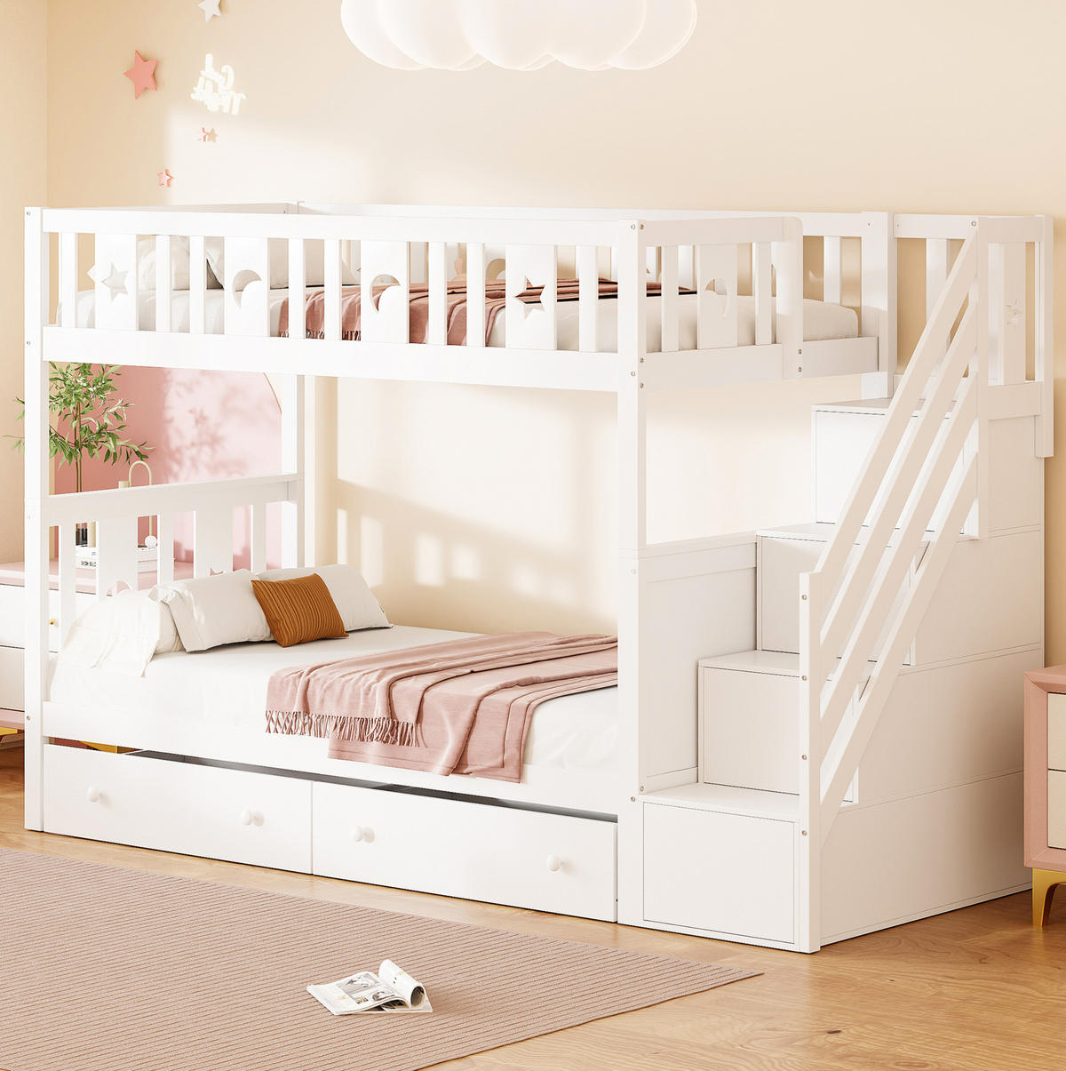 ETAGENBETT Kinderbett 90/200/90/200 cm aus Massivholz mit Stauraumtreppe und 2 Schubladen Weiß - Weiß, Holz (90/200cm) - Modenvie