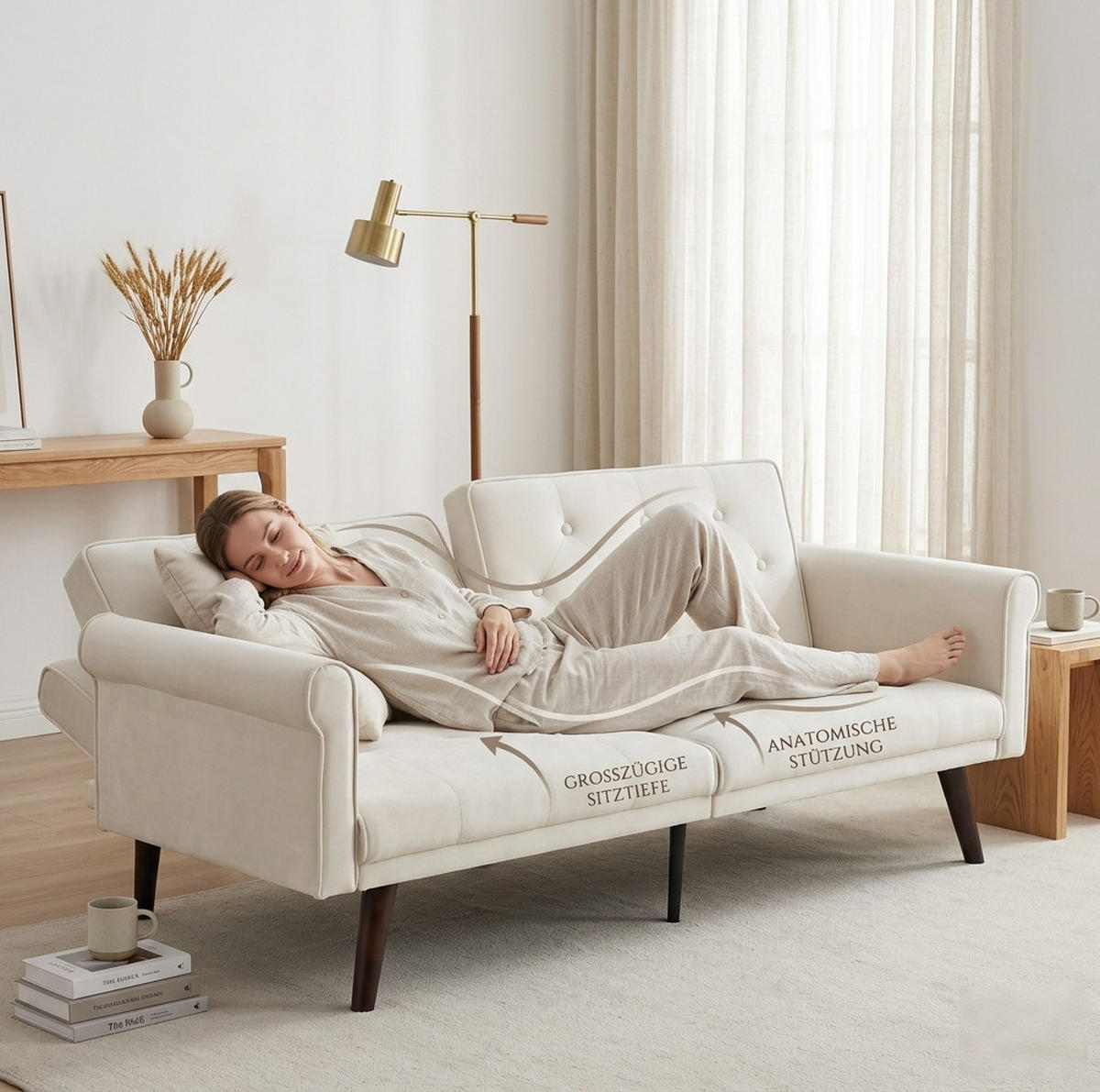 SCHLAFSOFA 2-Sitzer mit verstellbaren Rückenlehnen, 2-in-1 Gästebett und 6-Punkt-Konstruktion, Beige - Beige, Textil (172/70/89cm) - Redom