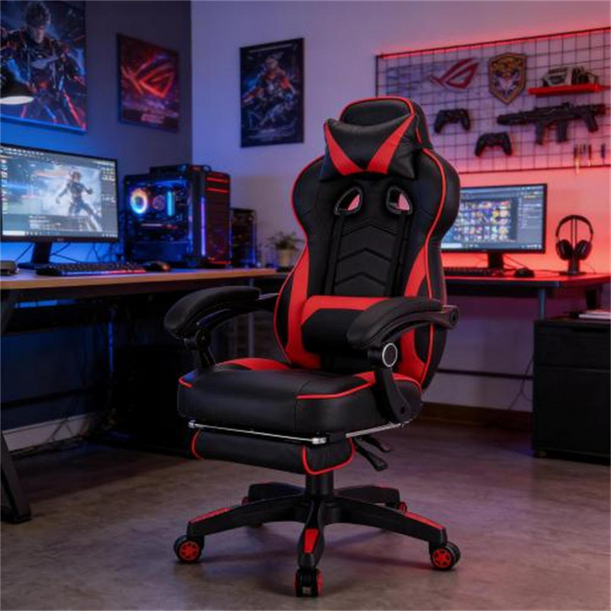 GAMINGSTUHL Ergonomisch Schwarz-Rot, höhenverstellbar & drehbar, Metall-Leder-Bezug, 70 x 46 x 128 cm - Rot, Metall (70/128/46cm) - Albatros