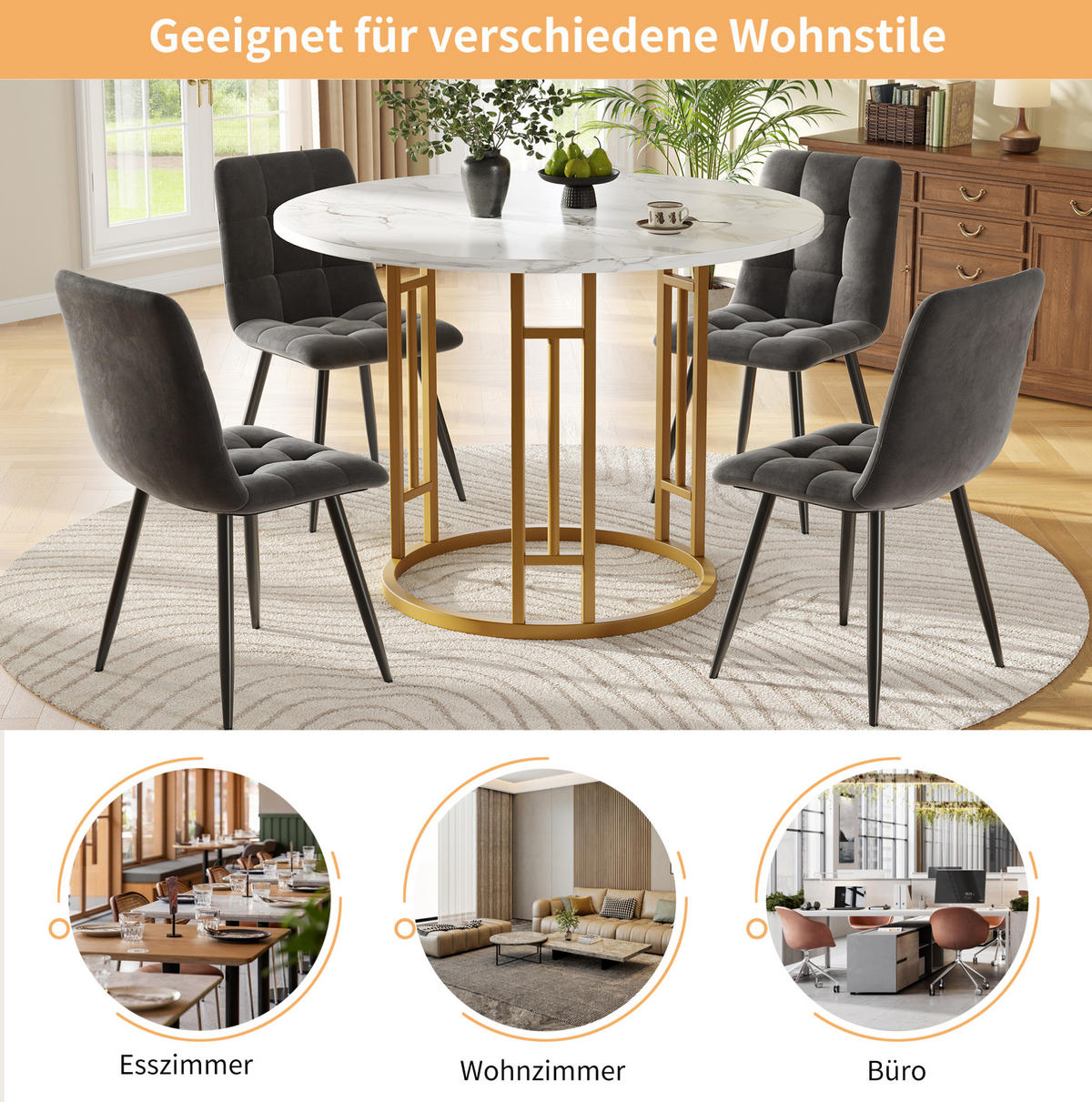 ESSTISCH rund, MDF mit Marmoroptik & Metallgestell, 80/80/76 cm, Weiß - Weiß, Holzwerkstoff (80/80/76cm) - Redom