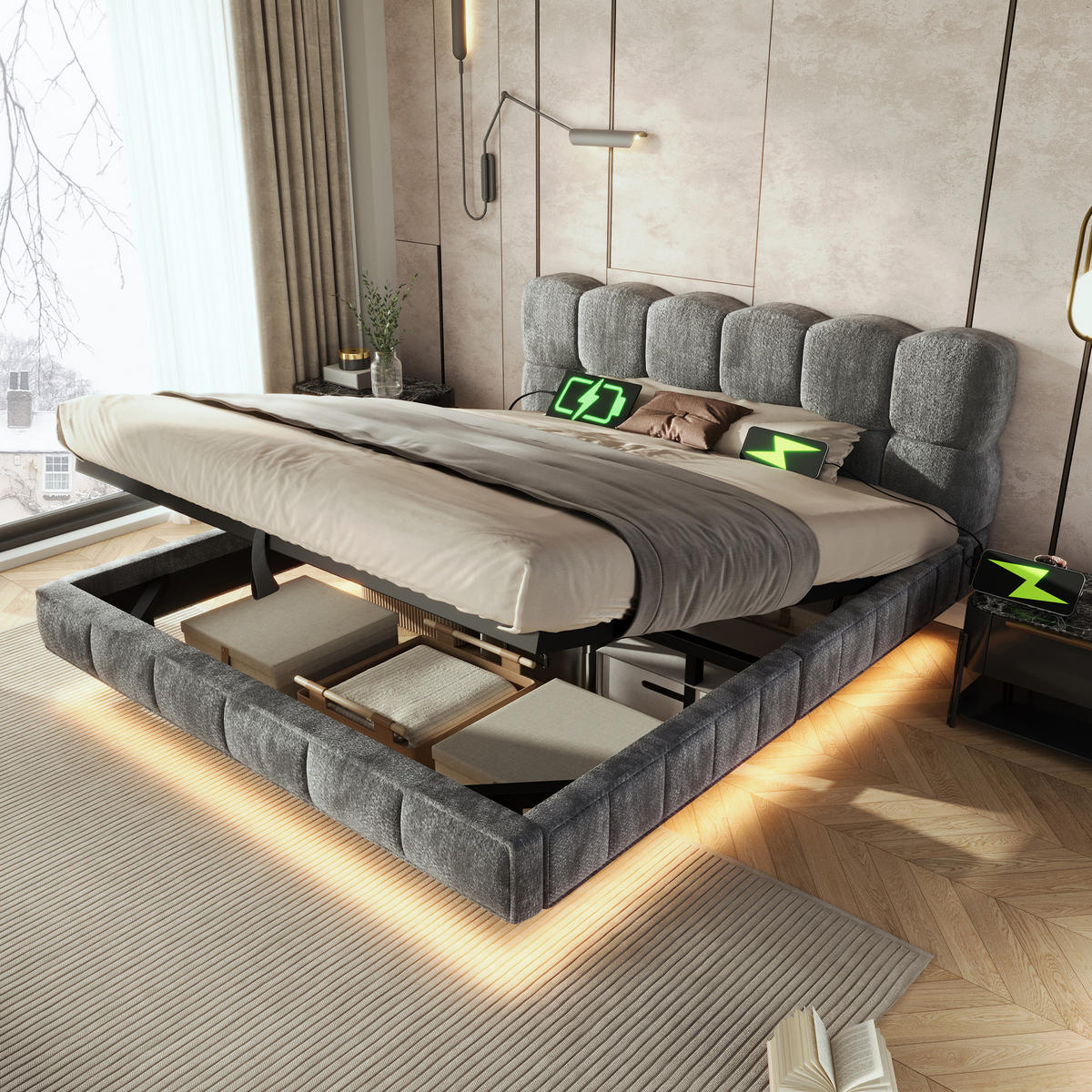 POLSTERBETT 140/200 mit Bettkasten, LED und USB in Grau - Grau, Holzwerkstoff/Textil (140/200cm) - EVRYAE