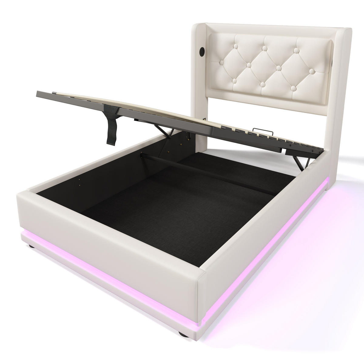 BETT mit Stauraum, USB & LED 90x200 cm PU Weiß - Weiß, Metall (90/200cm) - Meubliv