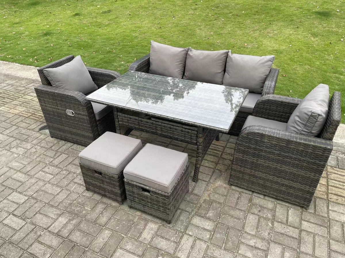 GARTENMÖBELGARNITUR mit Esstisch Polyrattan Dunkelgrau 7-Sitzer - Dunkelgrau/Grau, Glas/Kunststoff - Fimous
