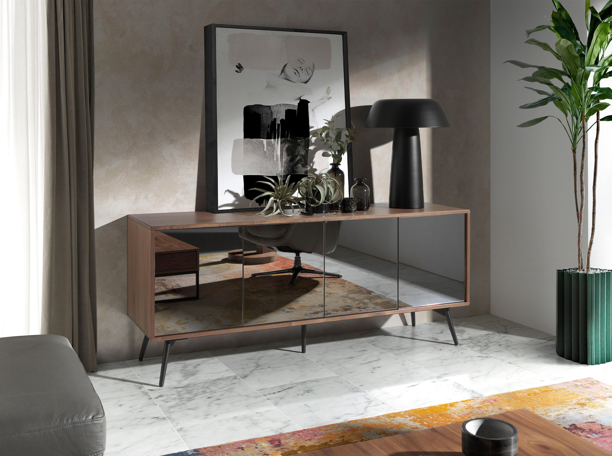 Thumbnail - Angel Cerda Sideboard, Walnuss, Schwarz, Holz, 180x76x50 cm, Wohnzimmer, Kommoden & Sideboards, Sideboards