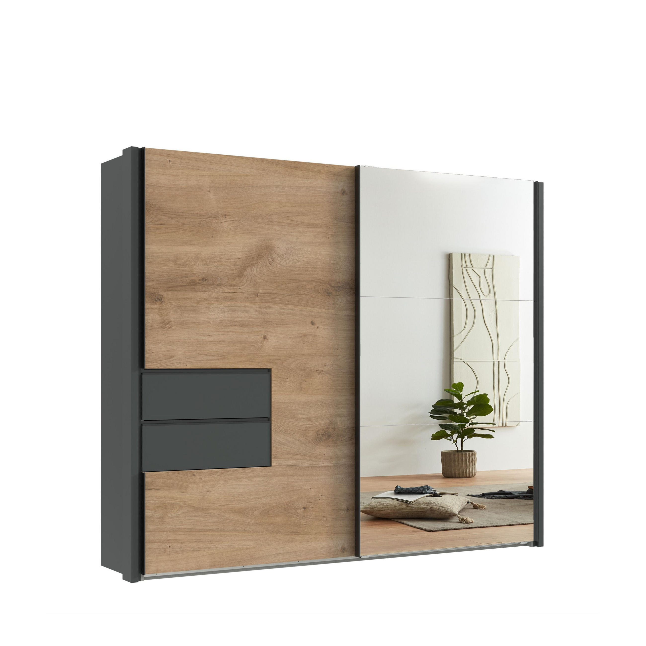 luma-home Schwebetürenschrank Graphit, Eiche 262x216x65 cm