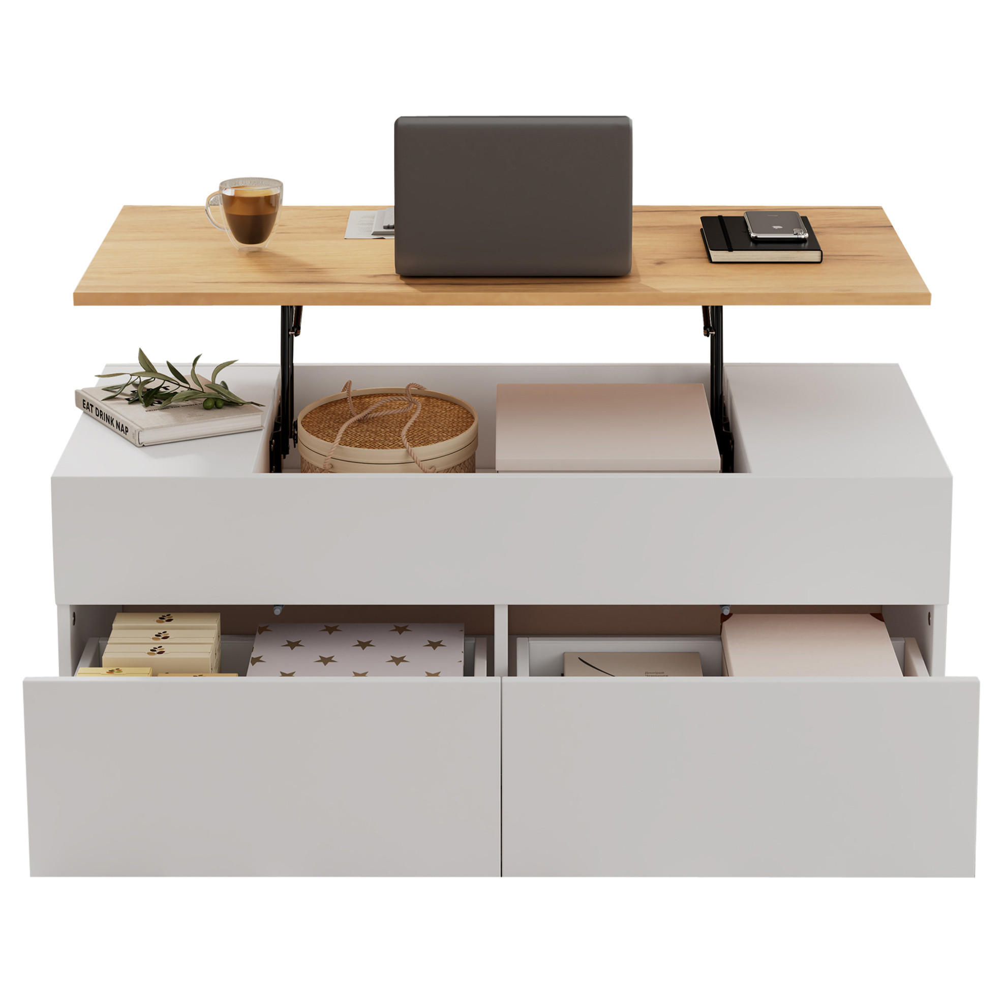 Redom KONFERENČNÍ stolek 100/50/40 cm s výklopnou deskou, 2 zásuvkami a bočním úložným prostorem, Bílá + dekor dřeva