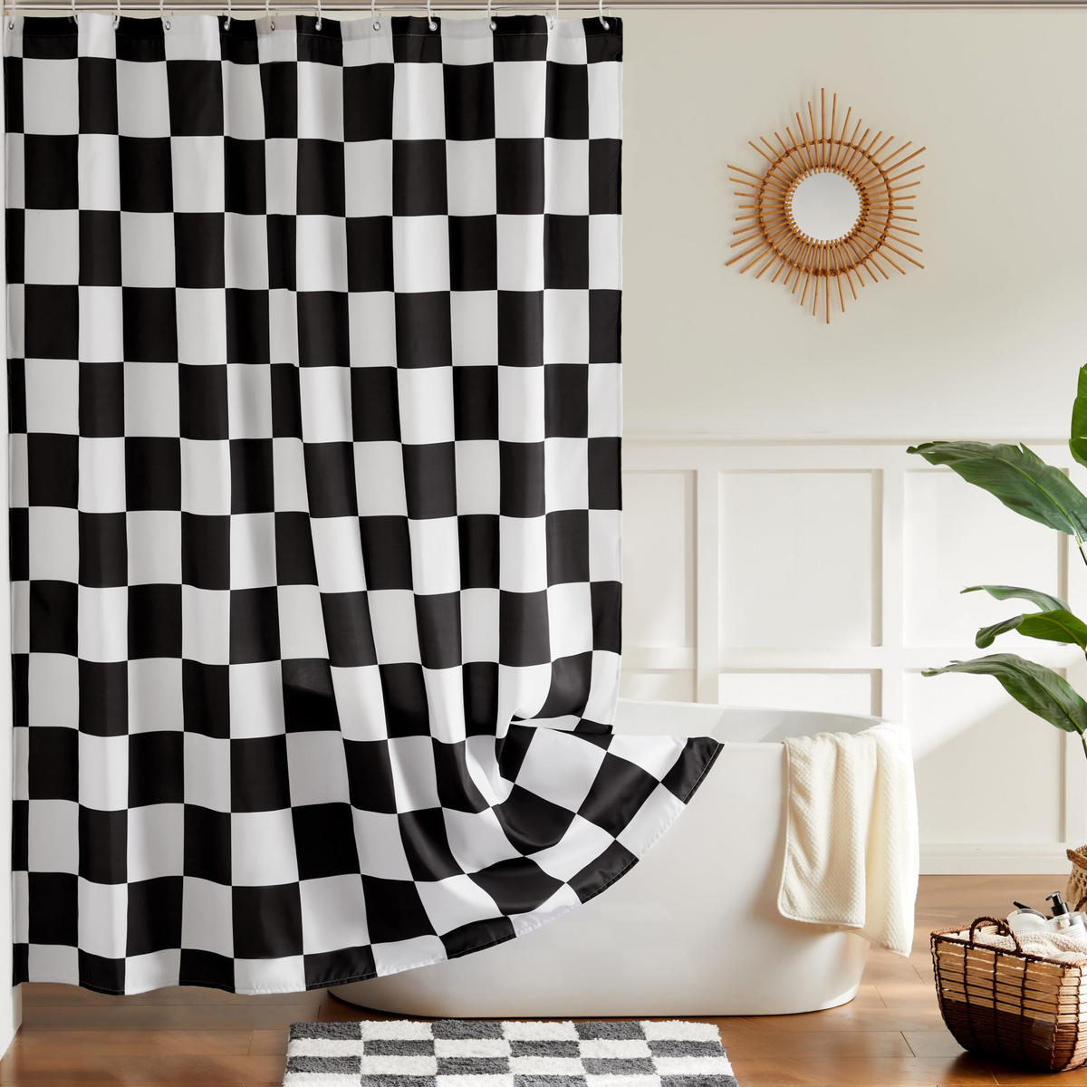 DUSCHVORHANG Schwarz kariert 180 x 180 cm maschinenwaschbar Retro Schachbrettmuster fürs Badezimmer - Schwarz, Textil (180/180cm) - MCBOSON