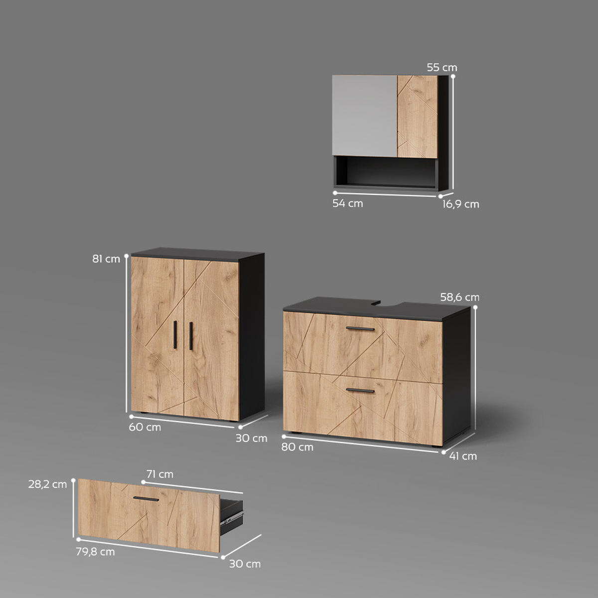 BADMÖBEL-SET Ronco Goldkraft Eiche/Anthrazit 3 Teile, mit Unterschrank 80 cm - Honigeiche/Anthrazit, Holzwerkstoff (80/58/41cm) - Livinity®