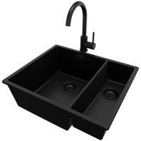 GRANITSPÜLE London Slim Duo, 2-er set Alles Schwarz 56/47 cm 1,5 Becken + Küchenarmatur 32/20 cm + Ablauf-Set ab 60er Unterschrank - Schwarz, Kunststoff (56/20/47cm) - Primagran