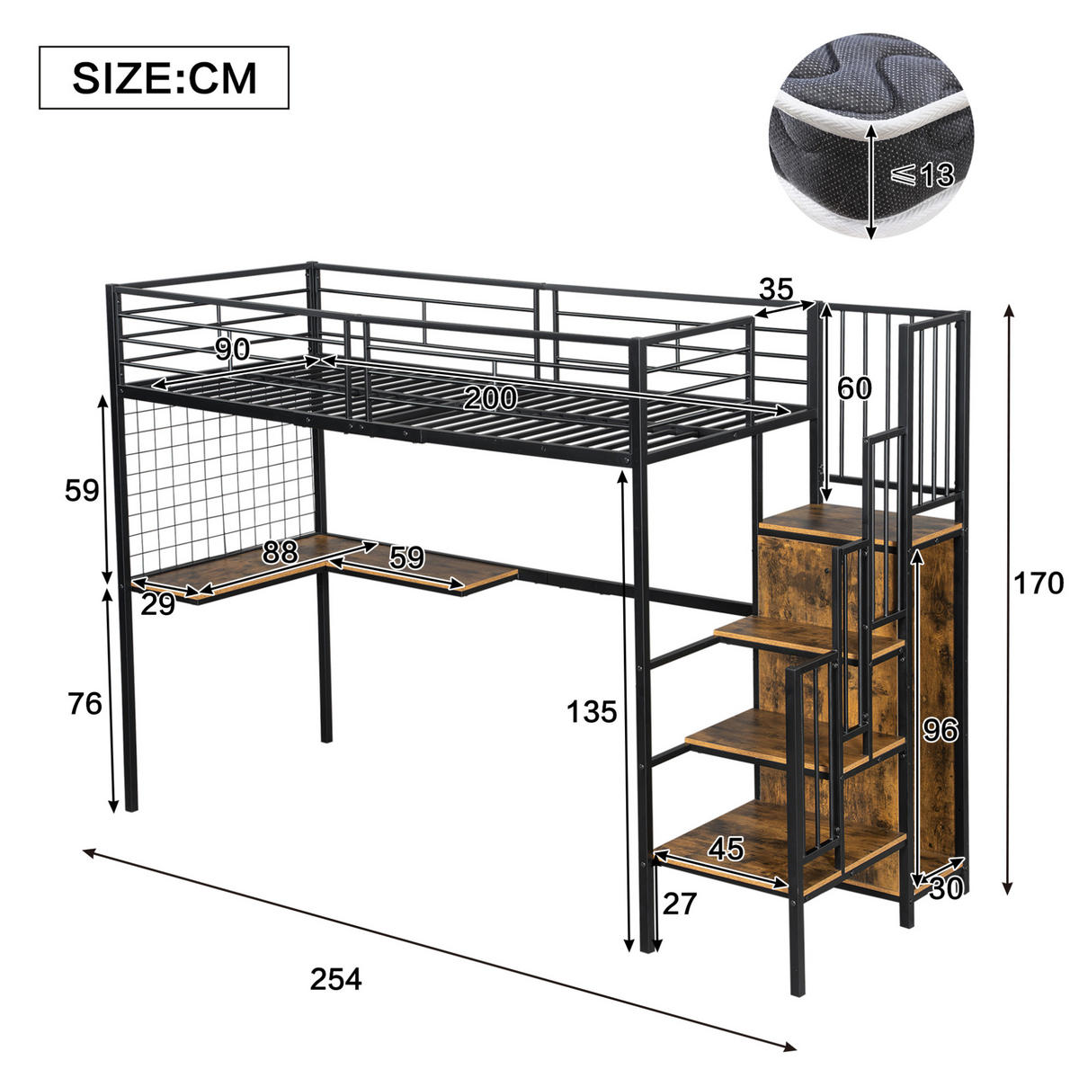 HOCHBETT 90/200 cm Schwarz und dunkle Holzfarbe aus Metall und Holzwerkstoff mit Kleiderschrank und Tisch - Schwarz, Holzwerkstoff (90/200cm) - OKMYHOME