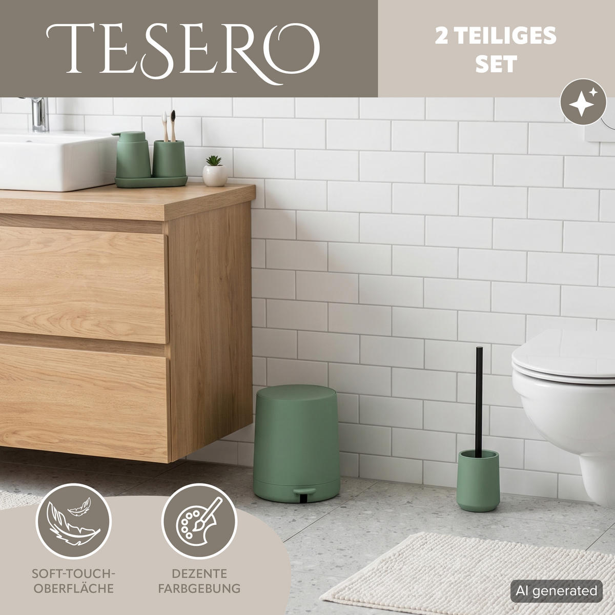 BAD-ACCESSOIRES-SET TESERO, Soft-Touch, grün - Grün, Kunststoff (22.5/25.5/25cm) - eluno