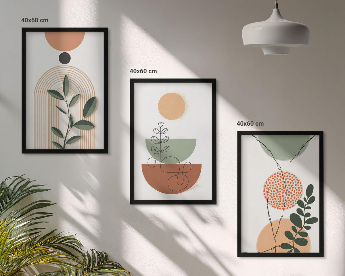 WANDBILDER 3er-Set - 40x60 cm Schwarzer Rahmen - Abstrakte Pflanzenformen - Schwarz, Kunststoff (40/60cm) - ArtPrintCave