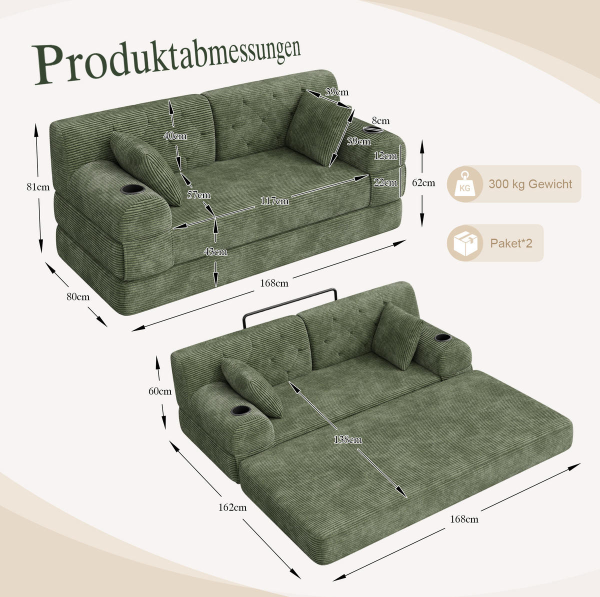 SCHLAFSOFA mit Schlaffunktion 168 x 80 x 81 cm Green - Grün, Kunststoff (80/81/168cm) - Meubliv