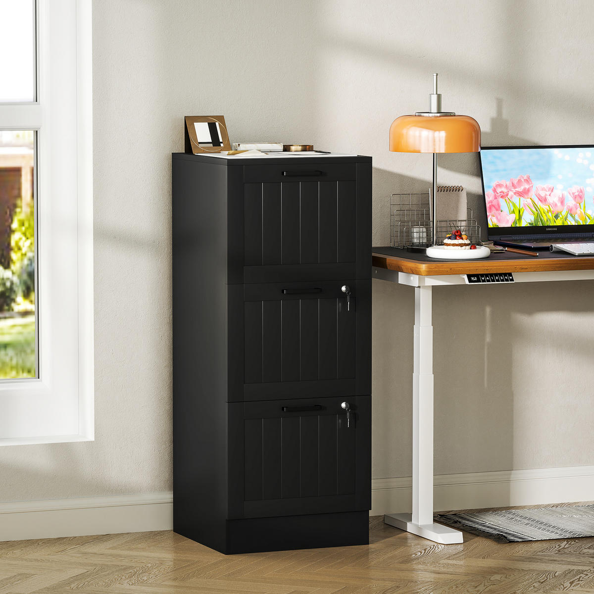 AKTENSCHRANK DE-14480 3 Schubladen abschließbar mit Hängeakten Schwarz - Schwarz, Holzwerkstoff (40/101/40cm) - ComfortXL