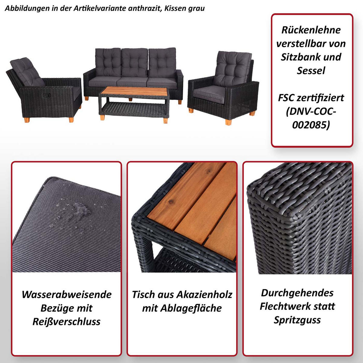 GARTENGARNITUR Grau - Grau, Kunststoff - MCW