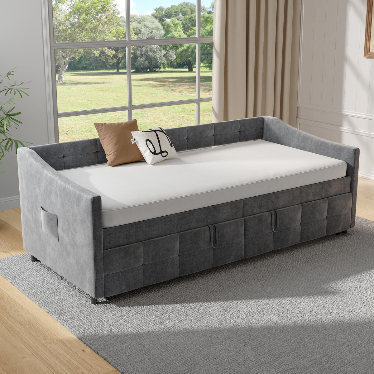 SCHLAFSOFA 90x200cm grau samt hydraulik seittaschen - Grau, Holzwerkstoff (90/200cm) - SHOPENTRA