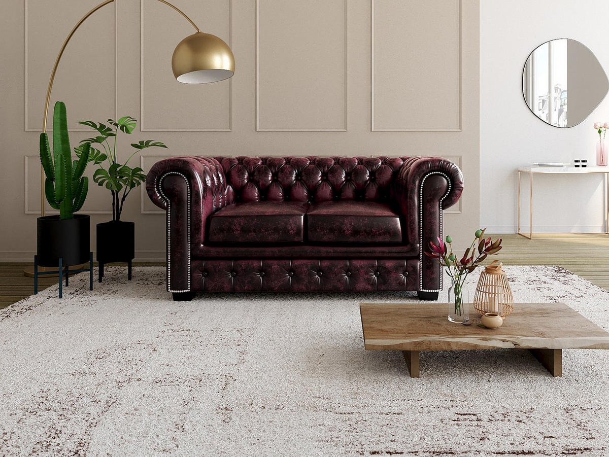 CHESTERFIELD Ledersofa 2-Sitzer - Büffelleder - Rotbraun - BRENTON - Bordeaux, Leder (160/73/96cm) - Vente-Unique