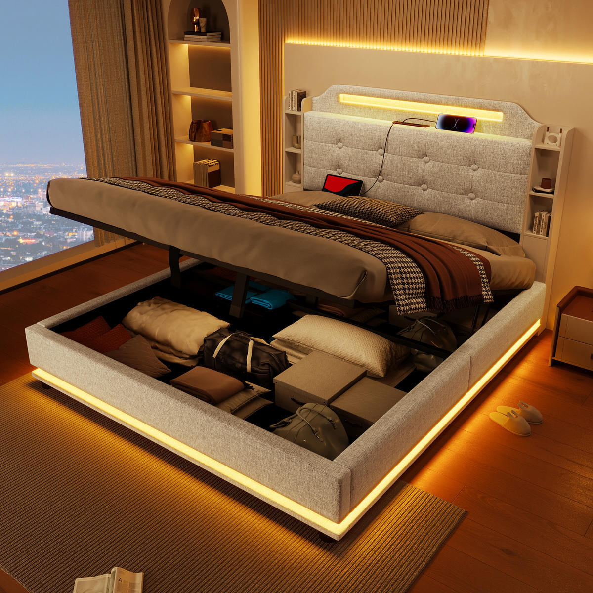 POLSTERBETT 140/200 cm beige mit hydraulischem Stauraum und LED-Lichtleiste - Beige, Textil (140/200cm) - OKWISH