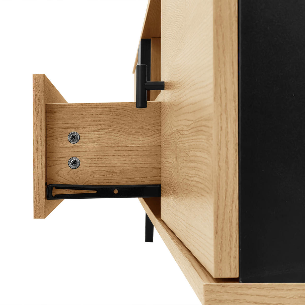 LOWBOARD in Naturfarben und Schwarz mit Schubladen und offenem Fach für Wohnzimmer, B170/T40/H50,5 cm - Schwarz/Naturfarben, Glas/Holzwerkstoff (170/50.5/40cm) - STILVORA
