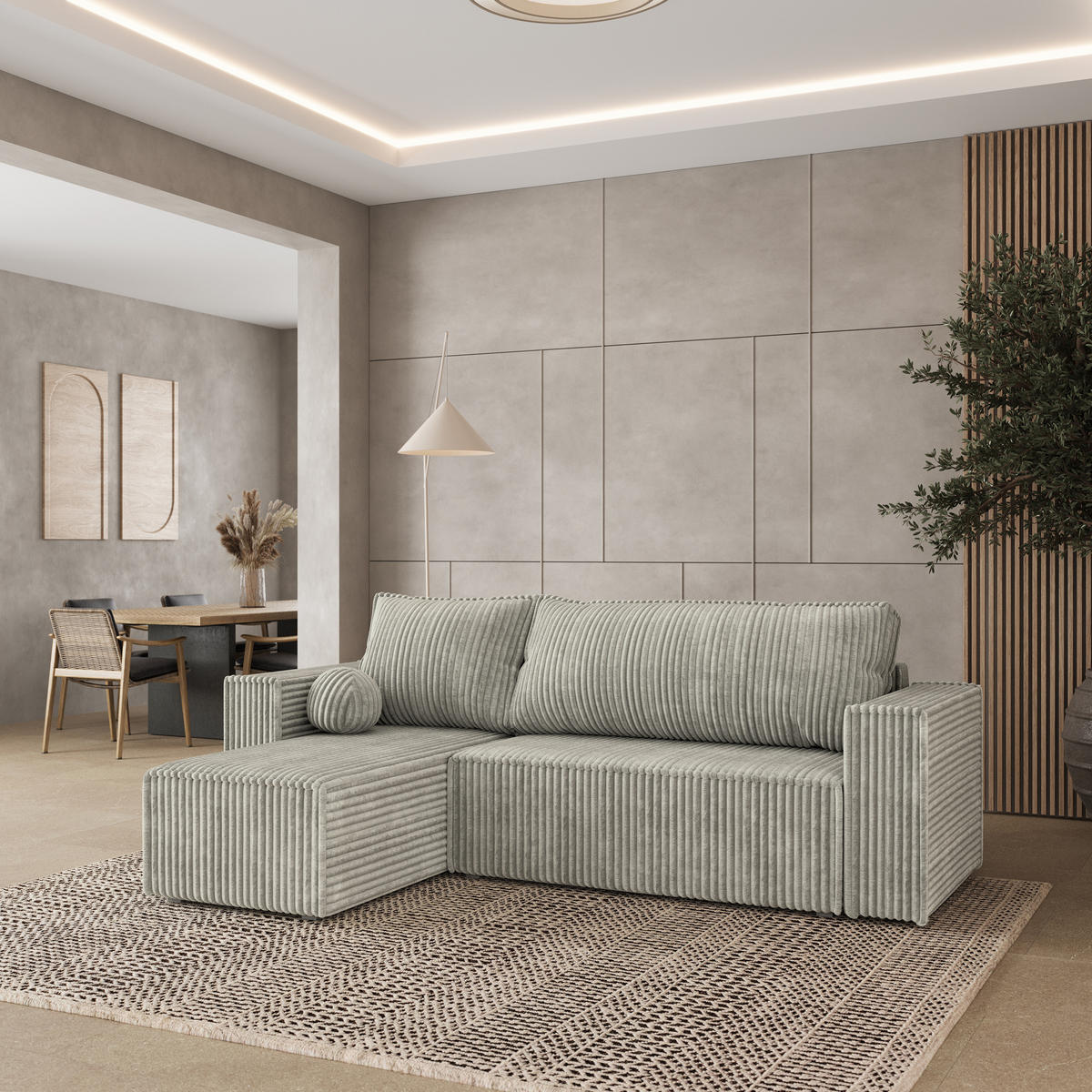 ECKSOFA RAVELO T Hellgrau Kordstoff mit Schlaffunktion - Hellgrau, Holz (240/140cm) - MASSENO