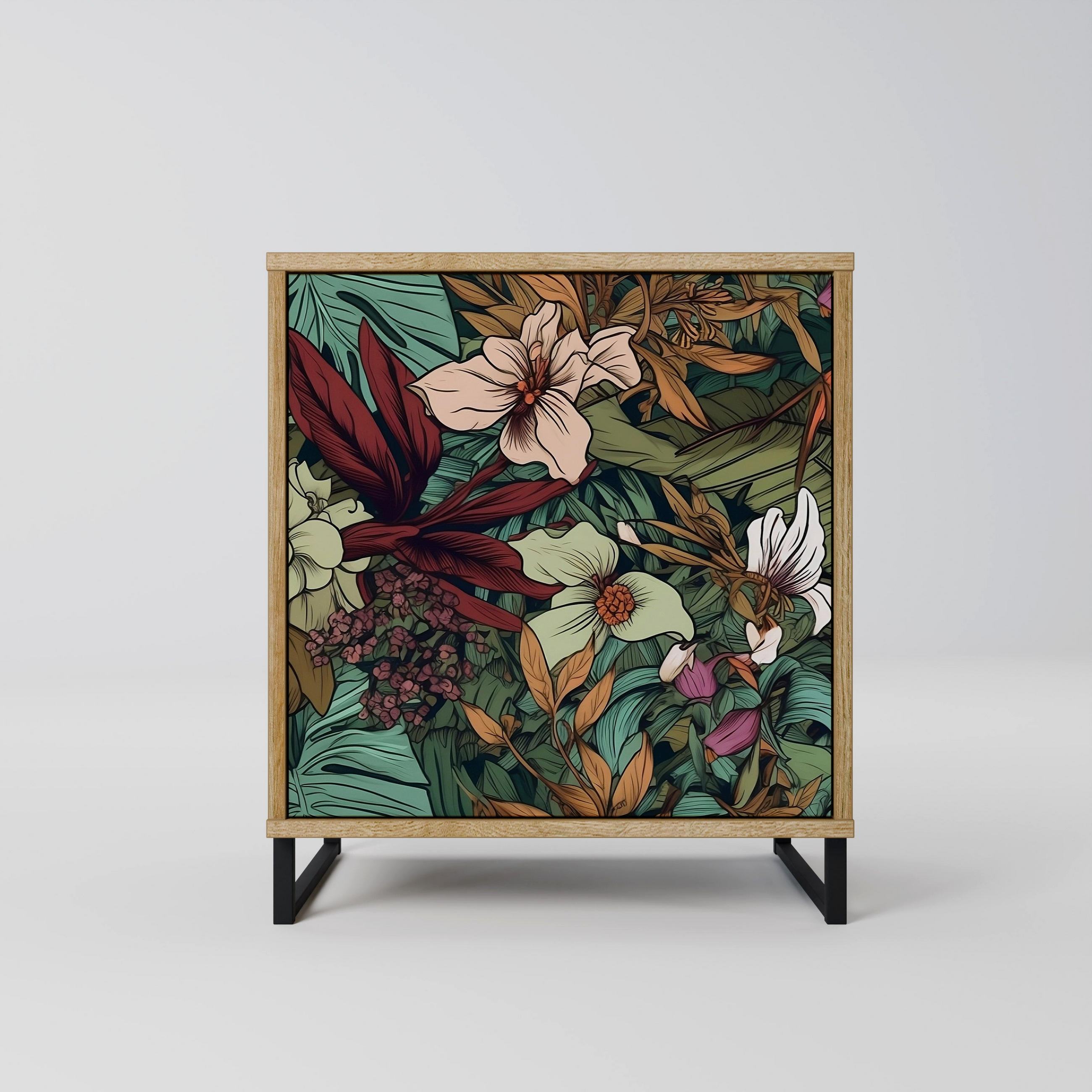 SIDEBOARD BOTANICAL EMERGENCE, Eichefarben, 57,5x42x67,5 cm, Schwarze Metall-Rahmenfüße - Eichefarben/Multicolor, Holzwerkstoff/Metall (57.5/67.5/42cm) - SpaceRebels