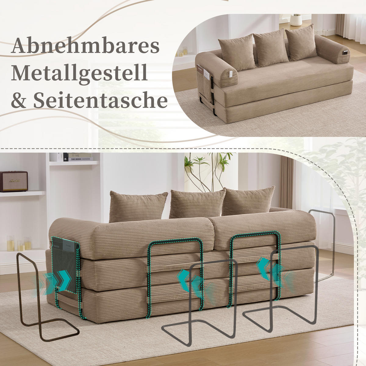 SCHLAFSOFA 200/94/67 cm khaki mit Seitentaschen plus und 3 Kissen - Sandfarben, Textil (200/67/94cm) - Oxeza