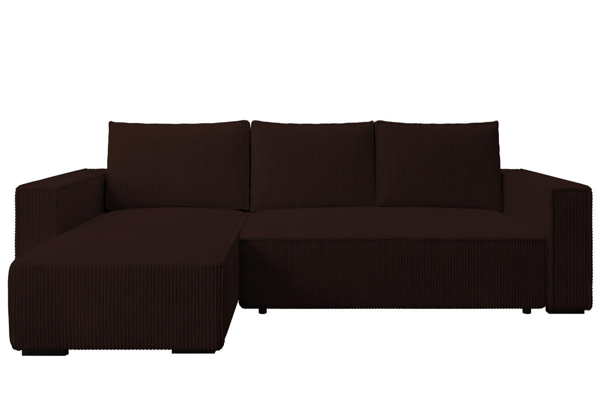 ECKSOFA CUDDY L, Eckcouch in L-Form mit Schlaffunktion und Bettkasten, Farbe: Dunkelbraun, Cordstoff, Ottomane Links - Dunkelbraun, Textil (240/140cm) - Storez24