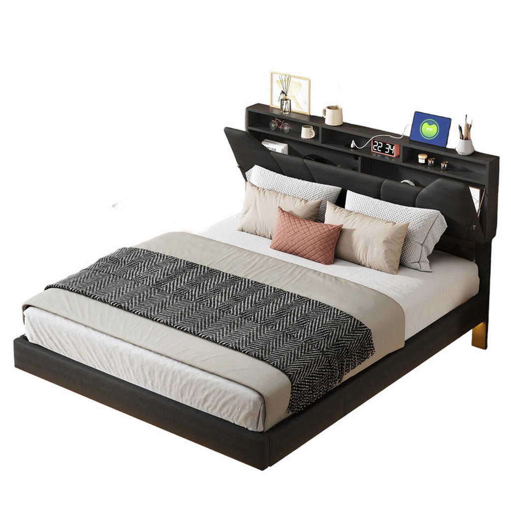SHOPENTRA ČALOUNĚNÁ postel 160x200 cm černá LED USB bed box