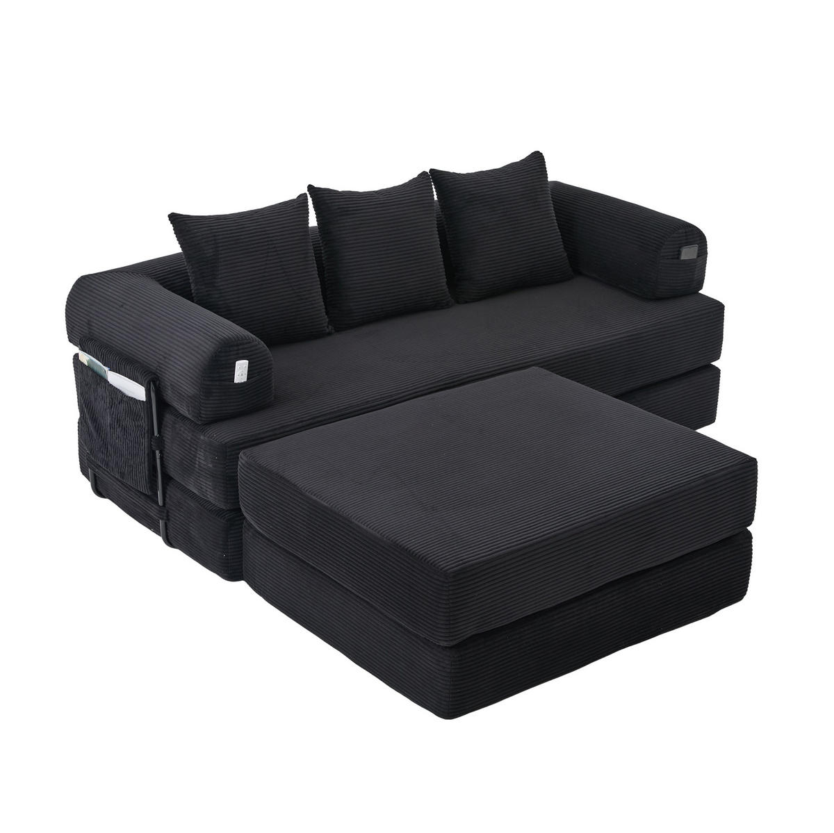 ECKSOFA aus Cord 200x190x67 cm Schwarz mit Hocker, Seitentasche und 3 Kissen - Schwarz, Textil (200/190cm) - Modfu
