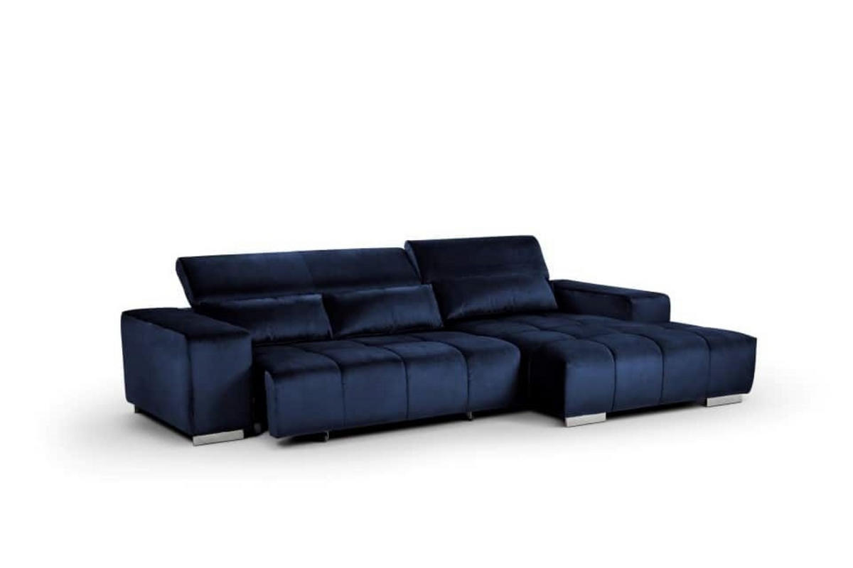 ECKSOFA mit elektrischem Sitzvorschub und verstellbaren Kopflehnen - Chromfarben/Dunkelblau, Textil (186/307cm) - Cotta
