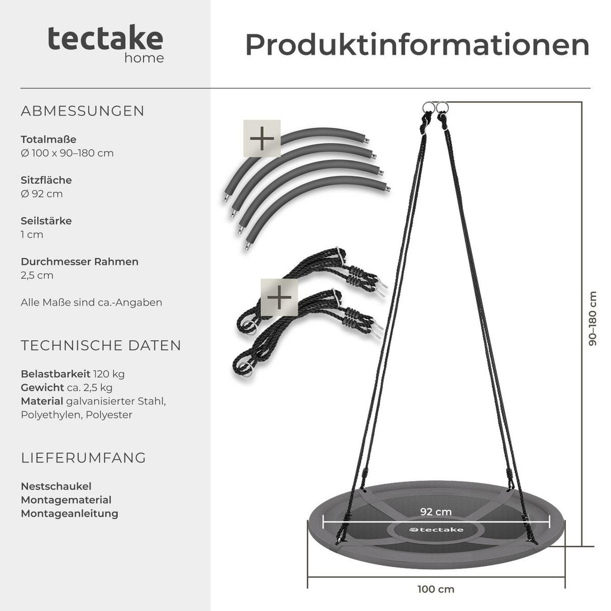 NESTSCHAUKEL Swayer,Textilene-Bespannung,grau/schwarz - Schwarz/Grau, Kunststoff (100/100cm) - tectake