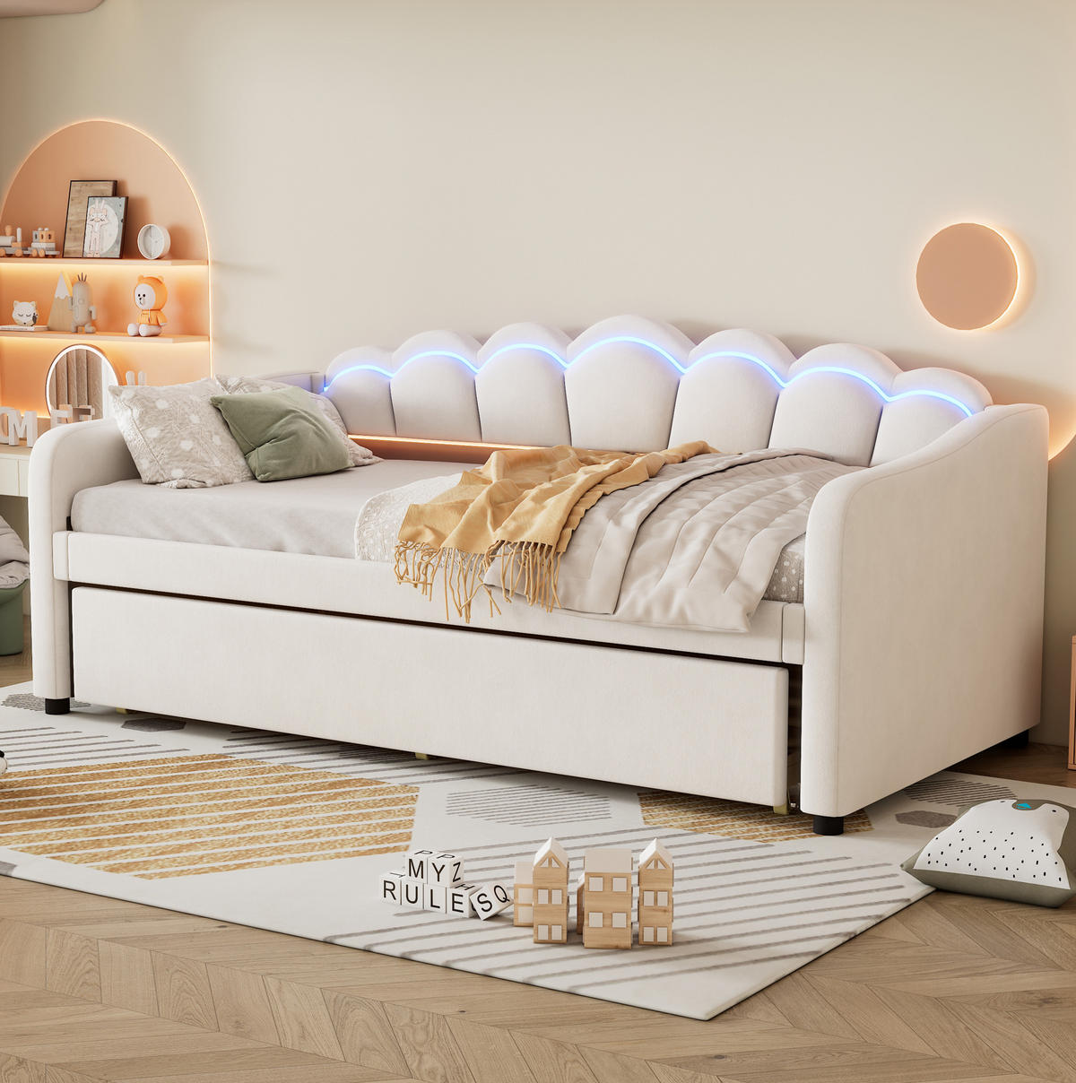 POLSTERBETT 90/200 cm aus Samt mit PolsterPolsterbett und LED-Beleuchtung, Beige - Beige, Textil (90/200cm) - Flora Grace