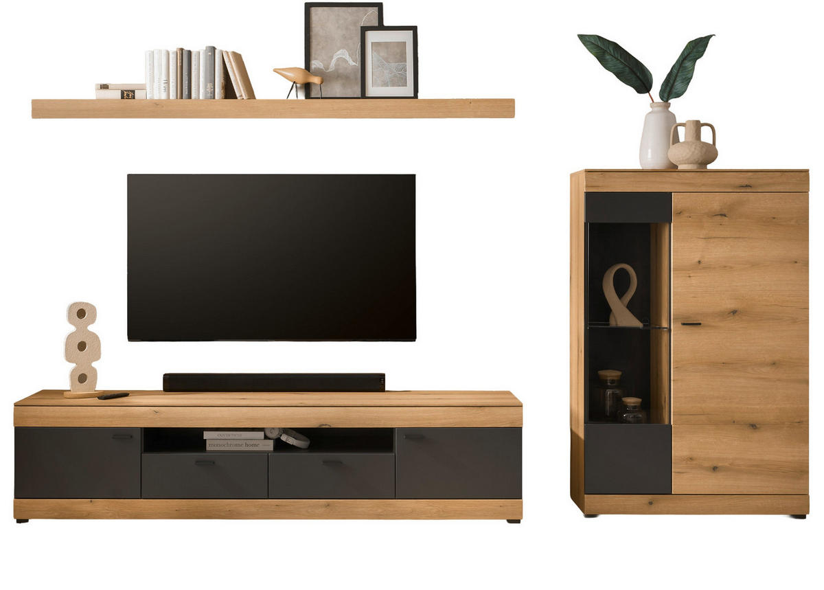 WOHNWAND Eiche, grau 300 cm 3-teilig, Schrankwand mit Soft-Close - Kaschmir/Eichefarben, Glas/Holzwerkstoff (300/170/45cm) - Furn.Design