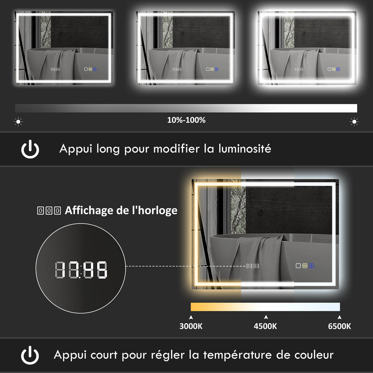 BADEZIMMERSPIEGEL DE-15171 mit Bluetooth, 3 LED-Farben und Antibeschlag Silber - Silberfarben, Glas (3.5/80/100cm) - ComfortXL