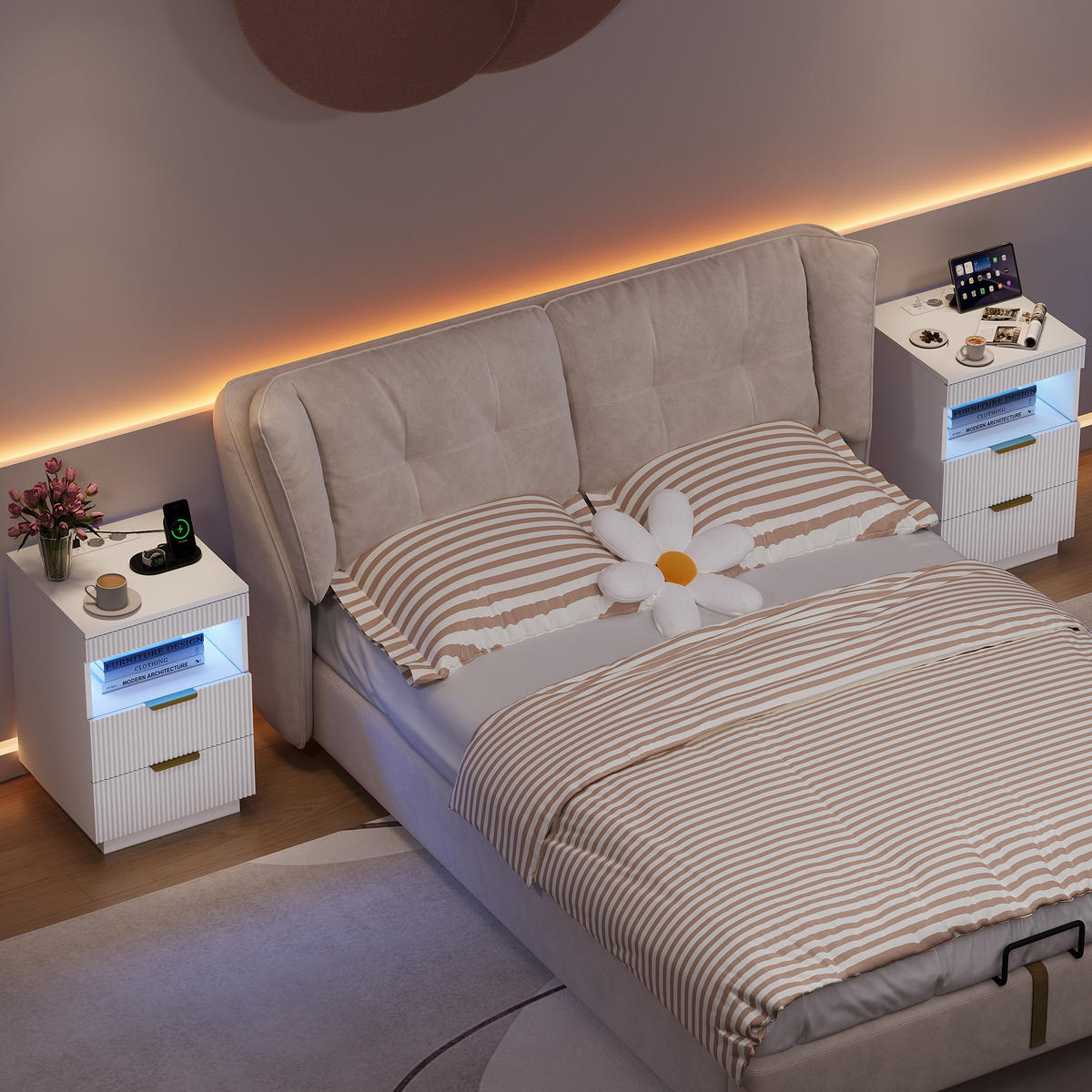 NACHTSHRANK Weiß mit LED-Beleuchtung, Steckdose, USB & Type-C, Nachttisch mit 2 Schubladen, 40/40/60 cm - Goldfarben/Weiß, Holz/Metall (40/60/40cm) - BPKADHY