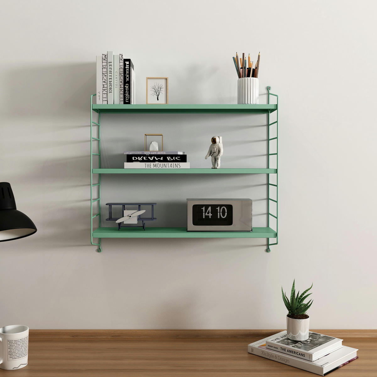 SADA NÁSTĚNNÝCH POLIČEK 3 KS Strängnäs - pastelově zelená, kov (60/50/15cm) - [en.casa]