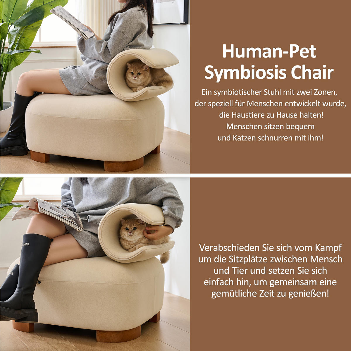 HOCKER Stoff und Holz mit Katzenhöhle in Rückenlehne 79/69/64 cm Beige - Beige, Holz/Textil (69/64/79cm) - Redom